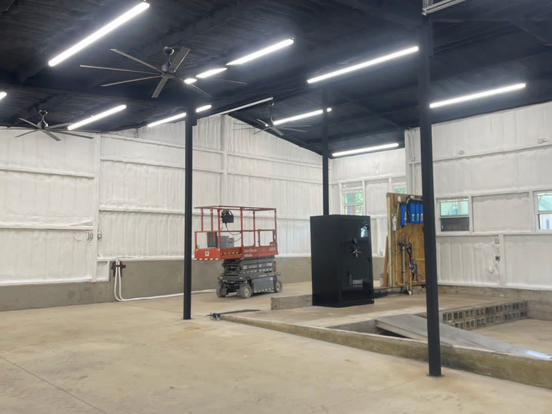 Commercial shop interior fully insulated with spray foam